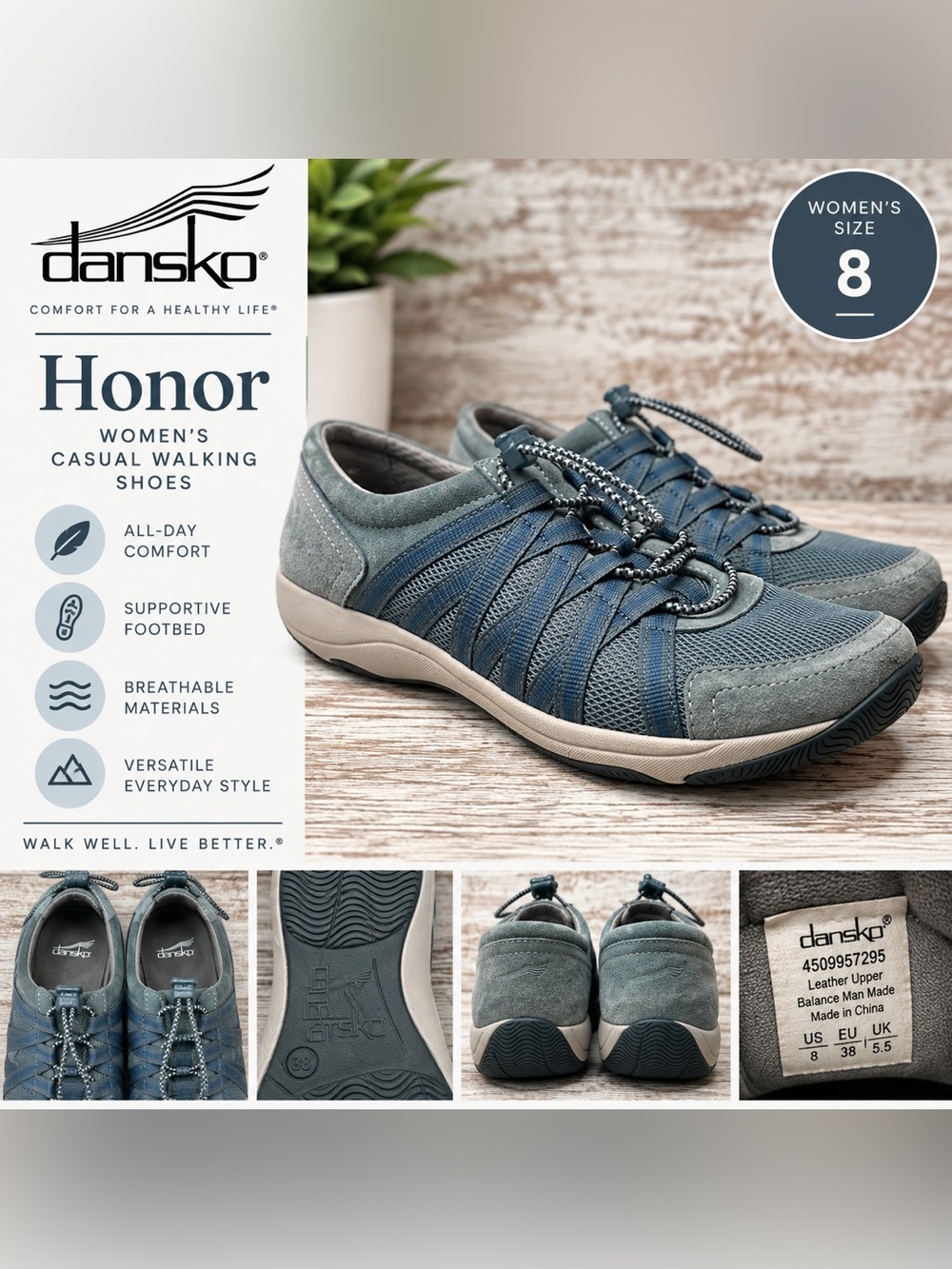 Dansko Honor Blue Suede Mesh Walking Shoes Women’s Size 8 EU 38 Toggle Lace